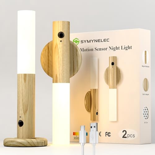 SYMYNELEC 2 Stück Nachtlicht mit Bewegungsmelder, Kabellose Wandleuchte Akku Innen ohne Stromanschluss Holz, Magnetische Nachtlicht Batterie ohne Bohren für Flur Treppen Schlafzimmer (Klares Holz)