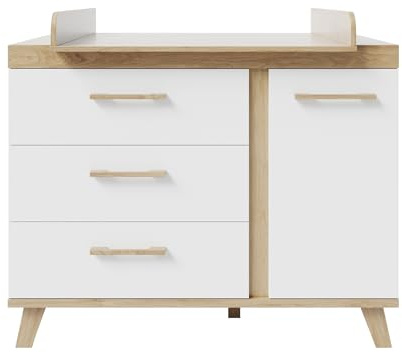 roba Wickelkommode Smile mit abnehmbarem Aufsatz - Baby Wickeltisch mit 3 Schubladen und 1 Tür - 2 variable Fächer - Kommode in Weiß/Artisan Eiche