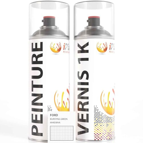 ipixline Kit Retouche Peinture Carrosserie Voiture - Bombe Aérosol Peinture Auto 400 ml, Vernis Brillant 1k 400 ml - Compatible avec Ford - Bursting Green 4H4EWHA