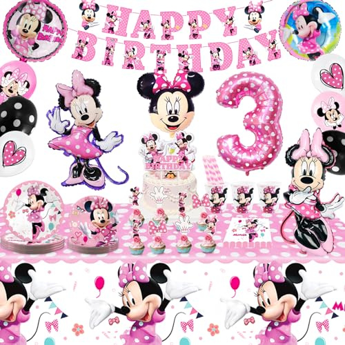 Partygeschirr 109 Stück Minnie Geburtstagsdeko Mädchen Junge Deko 3 Jahre, Thema Kindergeburtstag Luftballons Decoration Minni Partygeschirr Deko Set mit Luftballons Banner Teller Tortendeko