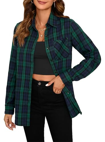 Stamain Camicia da donna a quadri, a maniche lunghe, in flanella, a quadretti, per il tempo libero, vestibilità regolare, blu/verde -1, L