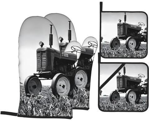 4 Pezzi Presine Da Cucina Set Tractor Agriculture Tranquil Guanti Per Grigliare Divertenti Guanti Da Cucina Antiscivolo Guanti Da Forno Per Campeggio, Cucinando, Cucina
