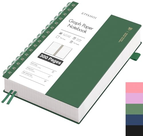 EMSHOI Notizbuch A5 Kariert, Spiral Notizblock mit 300 Seiten / 150 Blatt, 100gsm Kariert Papier zum Schreiben, PVC Hardcover, für Schule, Arbeit, Zeichnen, Reisetagebuch, 14.5 × 21 cm -Tintengrün