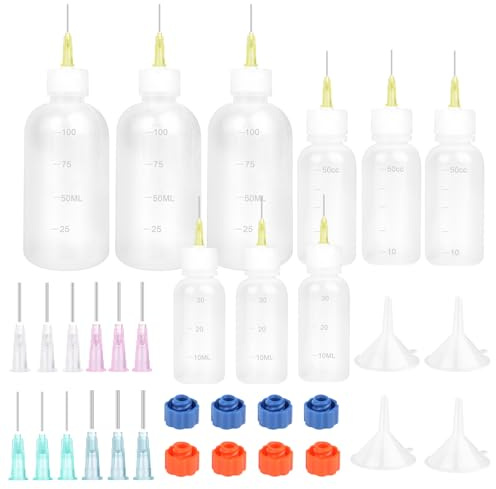 Bottiglie per Dosaggio con Punta ad Ago Set da 41 Pezzi，Flacone di Colla con Punta ad Ago，Flaconi da Spremere eon Punta di Precisione，Flaconi con Ago con Aghi di Erogazione e Tappi per DIY，Riempimento