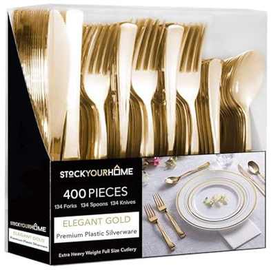 Goldfarbenes Kunststoff-Besteck-Set (400 Stück), Einweg-Besteckutensilien, 134 Goldgabeln, 134 Goldmesser, 134 Goldlöffel, robustes Besteck für Urlaub, Partys, Abendessen, Hochzeiten und Anlässe