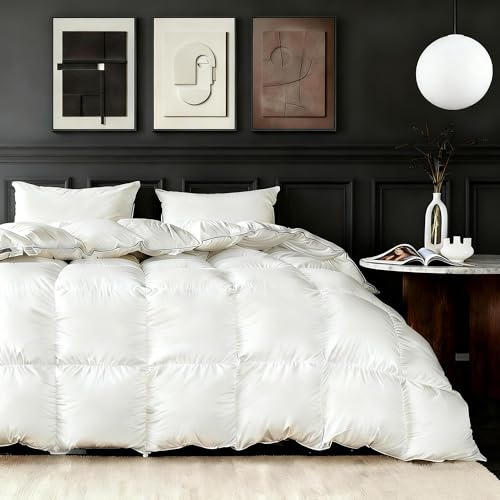 Feather Down Fiber Comforter King Size,Premium Ultra-Soft Breathable Comforter High Fill Power White Duvet Insert,All Season Hotel Luxury Bedding Comforters 8 Corner & Center Loops,Baffle Box Design