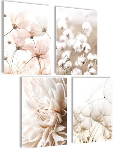 mojoliving Poster Vintage Poster Bilder Küche Wanddeko Wohnzimmer Aesthetic Bilder Set Wandbilder Wohnzimmer Vintage (Blumen Makro, Posterset 4x A4 (21x30cm) | ohne Rahmen)