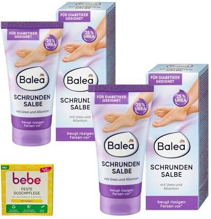 2x Balea Fußcreme Schrundensalbe mit 25% Urea und Allantoin | 2x50 ml | + 1x Bebe feste Duschpflege | Für Diabetiker geeignet