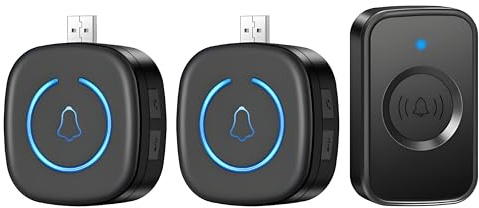 Lancoon Sonnette sans fil longue portée 150 m USB avec 5 volumes réglables Prise mini sonnette et alerte LED pour sécurité à la maison des personnes âgées (2 sonneries 1 bouton)