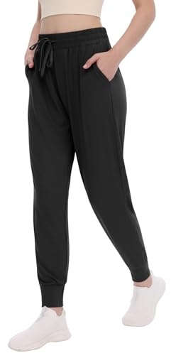 TNNZEET Women's Joggers with Pockets - High Waisted Sweatpants Tapered Leg Drawstring Lightweight Athletic Pants Black