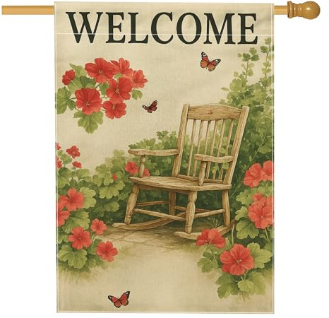 Bandera de jardín floral de bienvenida, geranios rojos, mariposas, decoración del hogar, bandera de arpillera de doble cara para patio, decoración de césped al aire libre, 28 x 40 pulgadas