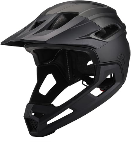 Mountain Bike Helmet for Adult Breathable Shock-Proof PC Full Face Bike Helmet with Detachable Chin Holder & Visor Adjustable Unisex Black for Biking Outdoor Mountain Full Face