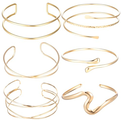 TIESOME 6 Stück Oberarmreif Gold, 8cm Armreif Oberarm Einstellbar Armreifen Gold damen Minimalistischen Boho Punk Swirl Armreif Griechische Coil Armband Set Zarter Geschenk für Mädchen