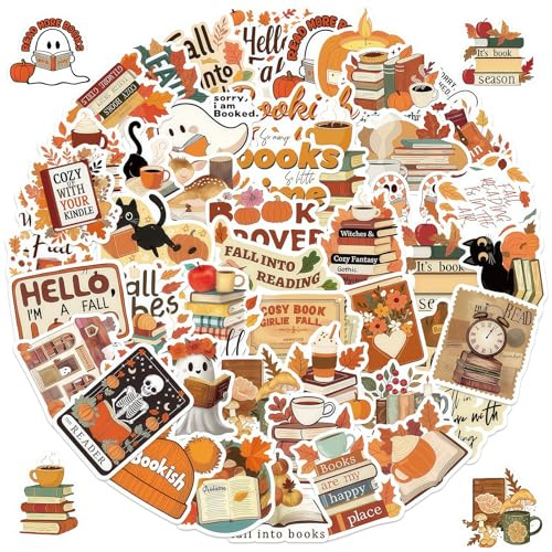 50pcs Romance Book Stickers for Kindle,Holographic Bookish Reading Booktok Aesthetic Stickers Pack for Books, Water Bottles, Laptops, Book Lover Sticker Accessories Gifts for Kids Teens Adults（autumn）