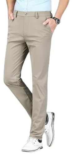 YFFUSHI Herrkostymbyxor av ice silk stretch lätta klassiska eleganta affärsbyxor, kaki, 38
