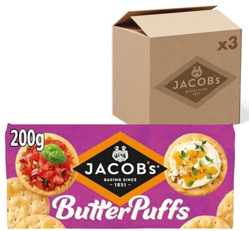 JACOB'S Butter Puffs Crackers, The Light & Flaky Biscuit, 200 g (Pack of 3),Delicate & Crispy Texture, Perfect for Sharing, Ideal for Snacks & Cheese Boards