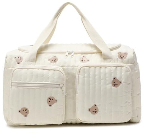 Peosaard Baby sjukhusväska, quiltad blöjväska stor kapacitet nallebjörn mönster söt duffel bärbar och lätt för sjukhus och helgresor, 48 x 22 x 25 cm, söt duffel