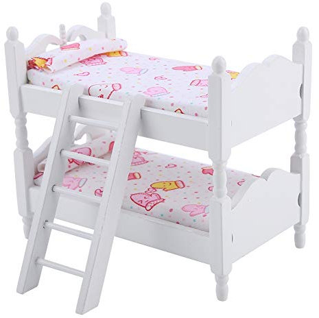 Puppe Etagenbett 1:12 Holz Kinder Schlafzimmer Modell Spielzeug Miniatur Möbel Szene Requisiten Mini Puppenhaus Zubehör für Mädchen (Rosa)