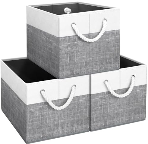 Fab totes Storage Bins [9-Pack], Foldable Storage Baskets for Organizing Toys, Books, Shelves, Closet, Large Storage Box with Rope Handles, Sturdy Organizer Bins, White & Black