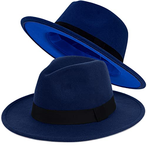 FADACHY Trendige Fedora-Hüte für Damen und Herren, breite Krempe, Filzhut, Kleid, Panama-Hut, zweifarbig, Fedora, Marineblau, Large