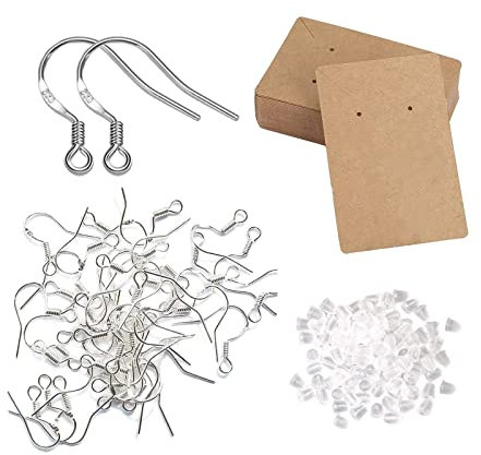 925 Ohrringe Selber Machen Set, 200pcs 14 x 16 mm Ohrring Haken mit Stoppern und 50pcs Ohrringhalter Karten, Hypoallergene Ohrhaken, Sterling Silber Ohrhänger Haken für DIY Ohrhänger Schmuckherstellun
