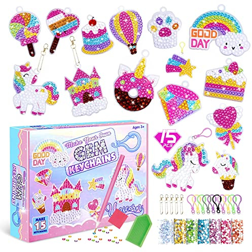5D Diamantmålning Hängsmyckesset, CAYUDEN 15 Stycken Enhörning Diamantnyckelringar Ornament 5D Djur Diamant Nyckelring Diamond Keychain Kit Nyckelring Hänge Diamond Art Key Chain för Barn 8–12 år