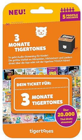 tigermedia tigertones-Ticket 3 Monate | Streaming für tigerbox Touch | Über 20.000 Hörspiele & Hörbücher | Kindermusik 5 Profile | Bibi & Tina | Peppa Wutz | Werbefreier Hörspaß | tigerbox Zubehör