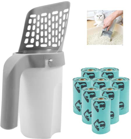 Taipintee Katzenklo Schaufel 2 in 1, Streuschaufel mit Behälter, Schmutzfreie Katzenstreuschaufel mit 8 Rollen Abfallsäcken, für Katzenstreu Klumpstreu (Weiß und grau)
