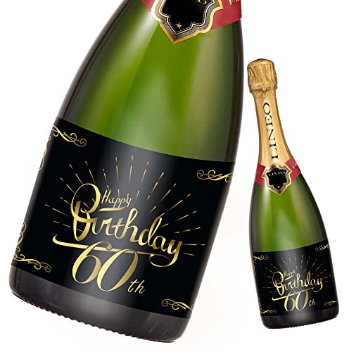 2 Stück Geburtstags-Flaschenetikett; Happy Birthday Etikett für Sekt- & Weinflaschen selbstklebend; Geburtstags-Geschenk für Männer & Frauen (14,8 x 10,5 cm) (60. Geburtstag)