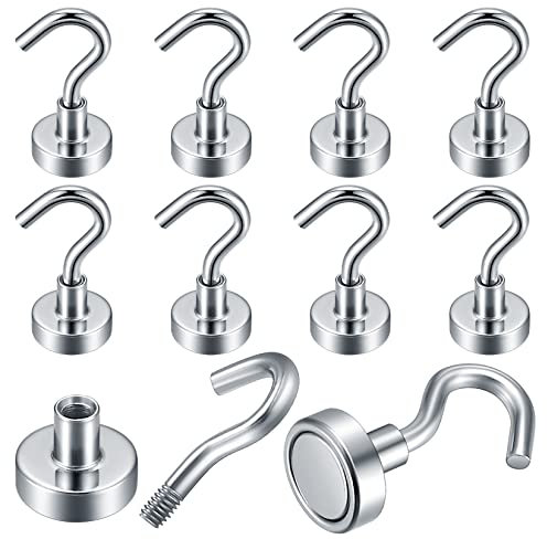 XUIIOSOOKP 10 Pezzi Ganci Magnetici Extra Forti, Gancio Magnetico Argento, Potente Magnete Neodimio Supporto Gancio, Magnete con Gancio per Soffitto, Bagno, Cucina, Asciugamani, Garage, Frigorifero