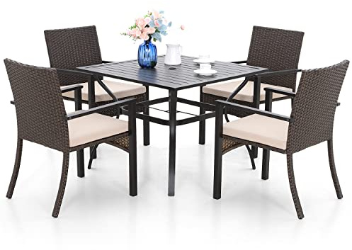 MFSTUDIO Rattan Gartenmöbel Set, Terassenmöbel Wetterfest, Sitzgruppe Metall Gartentisch mit Stühlen, Polyrattan Garten Möbel, 4cm Schirmloch