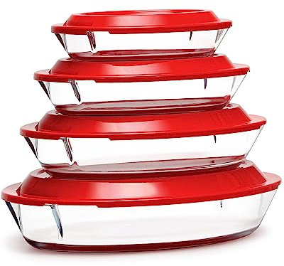 Set de 4 Fuentes de Vidrio con Tapa, 0.8+1.4+2.2+3.5L - Fuentes de Lasaña para Horno (NO LA TAPA), Ovaladas, Recipientes de Vidrio con Tapas de Plástico