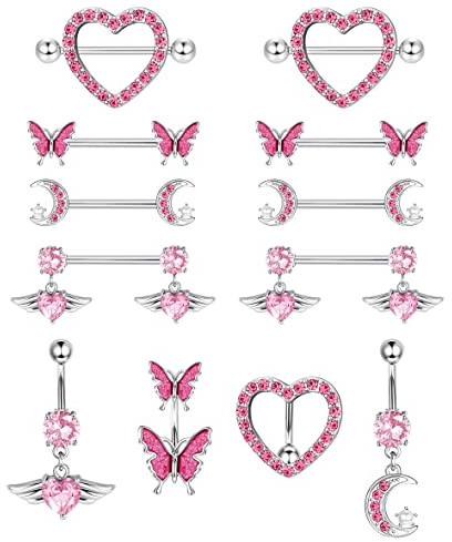 Kakonia Juego de 12 piercings para pezón de 14 G, para mujer, diseño de corazón, mariposa, luna, circonita, con forma de ala de ángel, para el ombligo, piercing para el cuerpo, Acero inoxidable