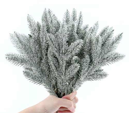 TSLBW 20 Pezzi Rami di Pino Artificiale, Rami di Aghi di Innevati, Neve Smerigliata Finta Verde Pino Picks per fai da te Ghirlanda Composizione Floreale Albero di Natale Decorazione (5 rami)