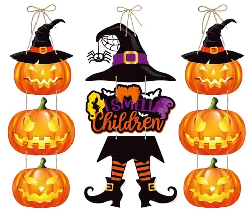 SJUNJIE 3 Piezas Cartel Colgante de Halloween,Colgador de Puerta de Halloween with Twine and Wall Stickers,Señales de Calabaza de Halloween para Puerta for Indoor and Outdoor