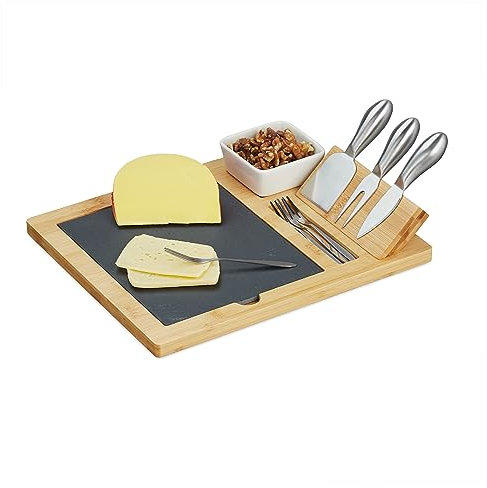 Relaxdays Käsebrett mit Schieferplatte, 3-TLG. Käsebesteck, Dipschale, 4X Serviergabel, Bambus Käseplatte, Natur/schwarz