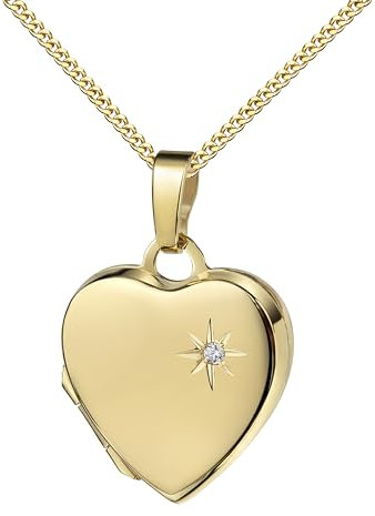 JEVELION Damen-Medaillon Herz 14 Karat 585 Gold mit Brillant, Herz-Amulett für 2 Bilder zum Öffnen für Damen Herzkette und Schmuck-Etui Mit Panzerkette 925 Silber vergoldet - Kettenlänge 40 cm.