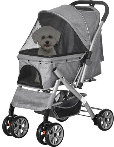 PawHut Hundebuggy, Haustiertrolley mit Netzfenster, Hundewagen mit Aufbewahrungskorb, Tasche, Faltbarer Hundetrolley, Katzenbuggy für Kleine und Mini Hunde, Oxford, Grau
