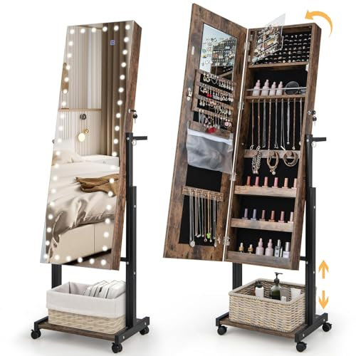 RELAX4LIFE Armoire à Bijoux sur Pied à Roues, Miroir Rangement Bijoux avec LED 3 Couleurs, Hauteurs & Angles Réglables, Étagère Inférieure, Meuble Bijoux pour Chambre Dressing(Marron Rustique)
