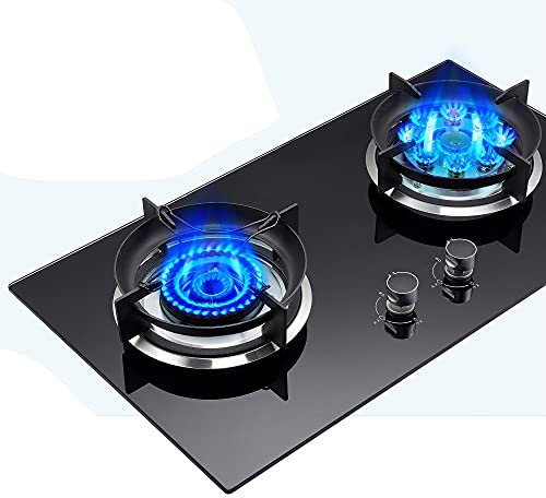 Cuisinière à gaz Cuisinière à gaz, Plaque de Cuisson intégrée de 73 cm, Table de Cuisson à Panneau de Verre antidéflagrant en Cristal Noir, avec 4 Zones de Cuisson et Dispositif de Protection Con