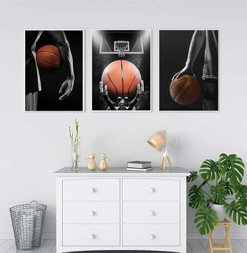 NXMYDBD Basketball-Fanzimmer, Heimdekoration, Gemälde für den Innenbereich, Basketball-Poster, Teenager, Schwarz-Weiß, Wandkunst, Leinwand, 70x90cm (28x35 Zoll), 3xungerahmt