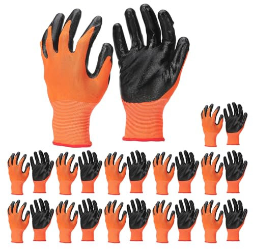 PATIKIL Safety Work Gloves Nitrile Coated, 12 Pair Non-slip Gardening Gloves Seamless Knit Working Gloves with Grip for Women Men Warehouse, Orange Red, Medium Size