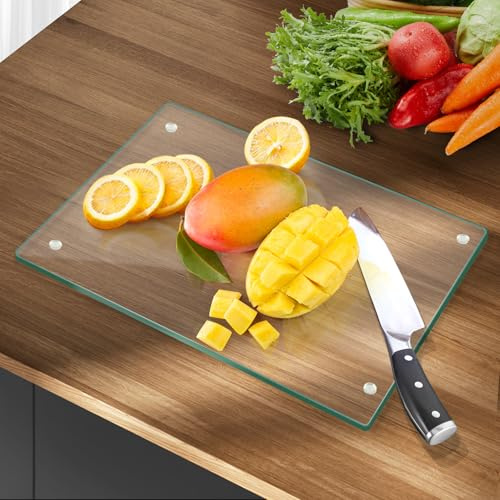 Tempered Glass Cutting Board 40x30cm Clear Kitchen Tray | Shatter & heat resistant glass worktop saver. Hygienic, easy-clean chopping tray for kitchen countertop. Safe.
