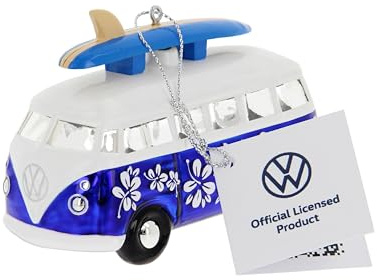 BRISA VW Collection - T1 Bulli Bus Weihnachtsschmuck Dekoration | Volkswagen Weihnachtsbaum Ornament Christbaum Kugel, Glänzend Handbemalt Miniatur Geschenkbox, Glas, Blau mit Surfbrett