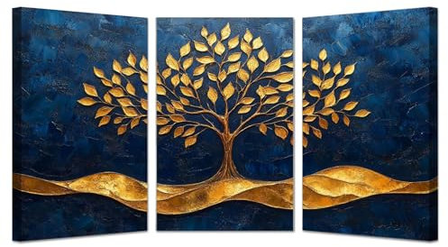 AMXBZC Oro 3 pezzi Astratto Quadri Soggiorno Albero della vita, Opere d'arte dell'albero Stampa su tela -Moderni Poster da parete Camera da letto Ufficio Decorazioni-50x70cmx3 Incorniciato