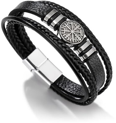 Dreamtimes Viking Vegvisir Piraten Kompass Armbänder für Männer Norse Symbol Vintage Armbänder The Viking Runic Compass Norse Armbänder Skandinavische Wikingerschmuck (Schwarz)