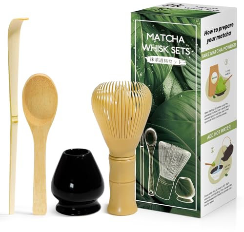 Kit da Cerimonia giapponese Matcha 4 Pezzi, Frusta Matcha Gialla in Resinoso, Cucchiaio in Bambù, Paletta in Bambù, Porta Frullino, Matcha Set per la bevanda - Nero lucido