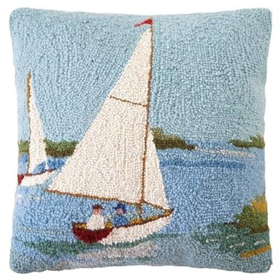 Peking Handicraft 30SW333C16SQ 16 x 16 in. Sailboats Poly Fill Hook Pillow Multi Color