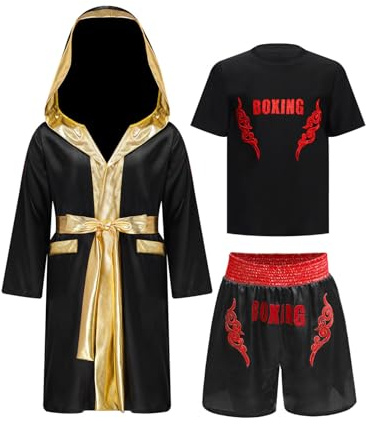 inhzoy Costume Pugile Bambino e Ragazzo Cappotto Kickboxer con Cappuccio + Maglietta + Pantaloncini Muay Thai Completo da Boxe Abbigliamento da Combattimento Kick Boxing Nero&Rosso 5-6 anni