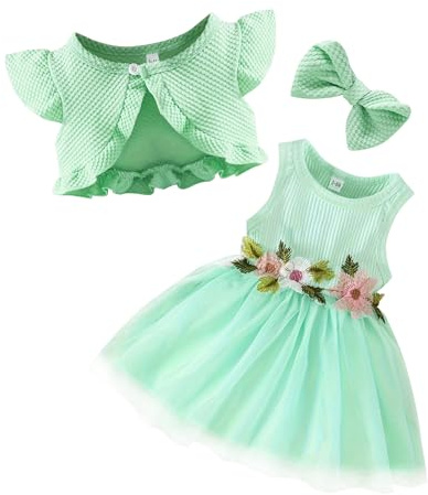 AIEOE Abito Cerimonia + Cardigan Volant Vestito Principessa Neonata per Battesimi Verde 3-4 Anni